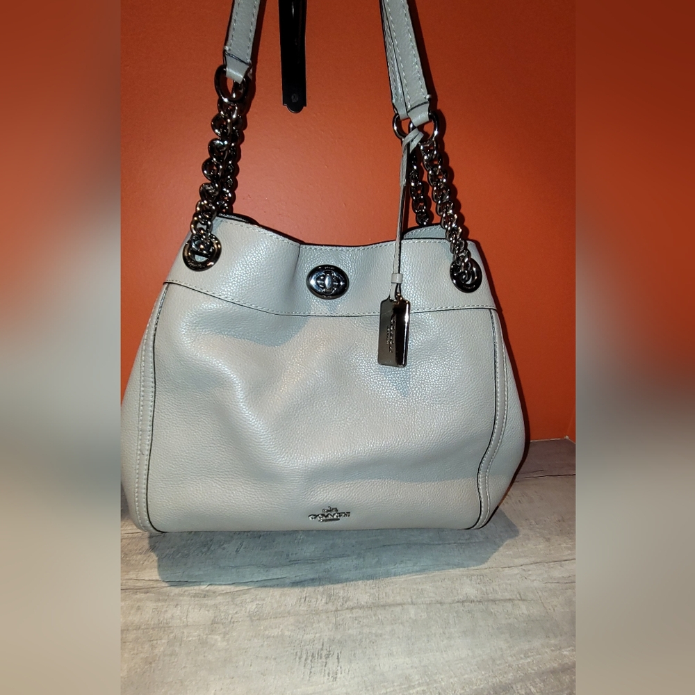 Coach Light Gray Leather Shoulder Bag with Chain Strap